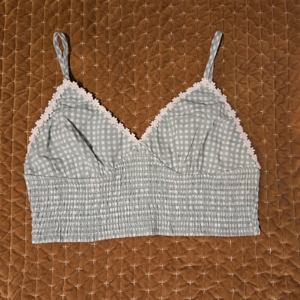 XL Pale Green/White Gingham Triangle Cropped Bralette Top